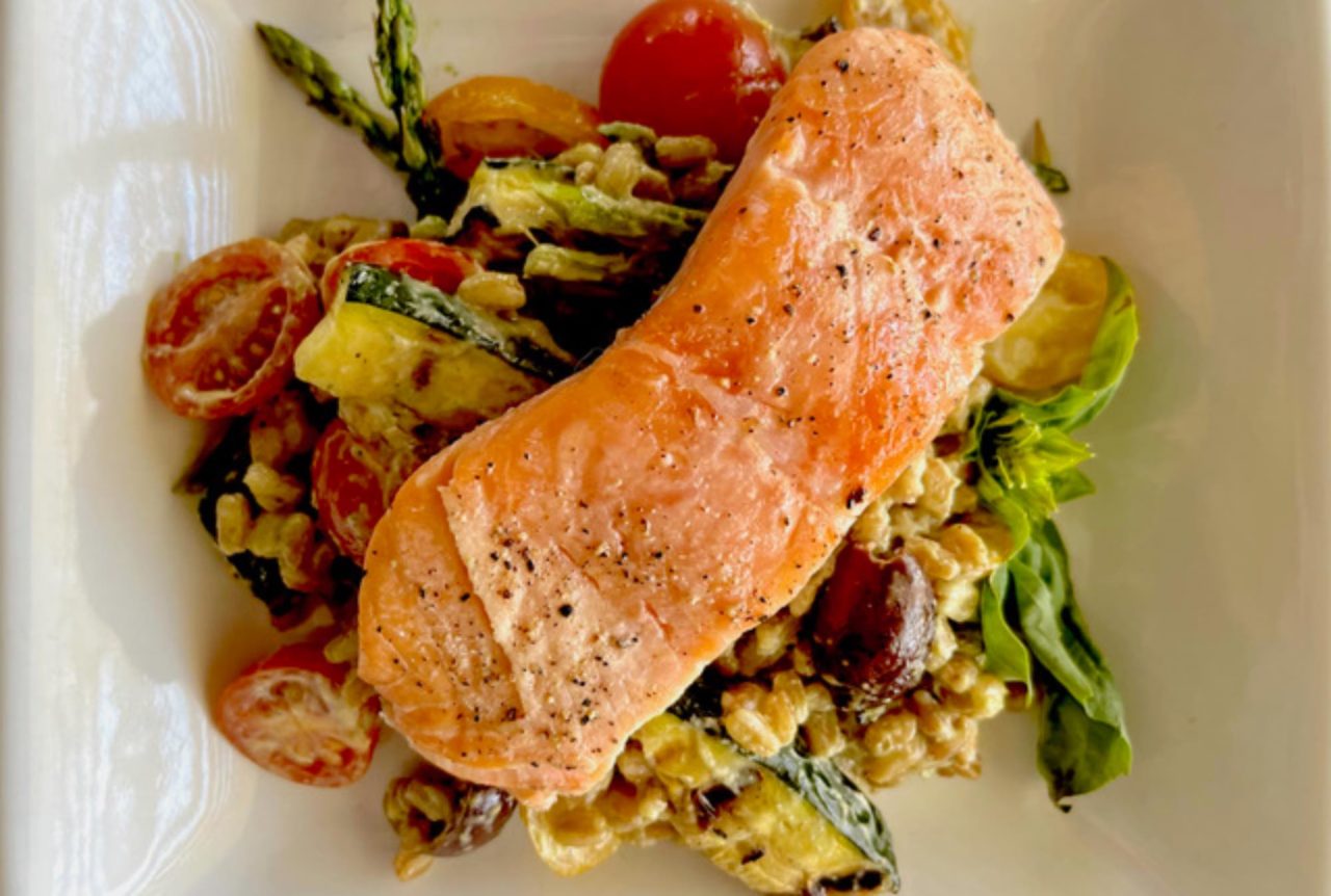 Reliable Recipe: Salmon with Grilled Veggies and Farro in an Avocado ...